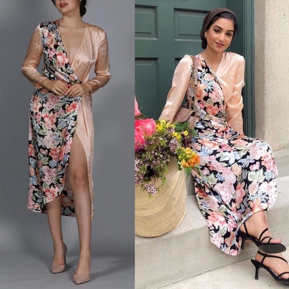 RIXO Satin Floral Dot Colorblock Long Sleeve V-Neck Ruched Wrap Midi Dress XS - Picture 3 of 11